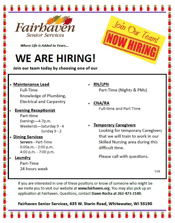 Assisted Living Jobs in Whitewater WI Fairhaven Senior Services